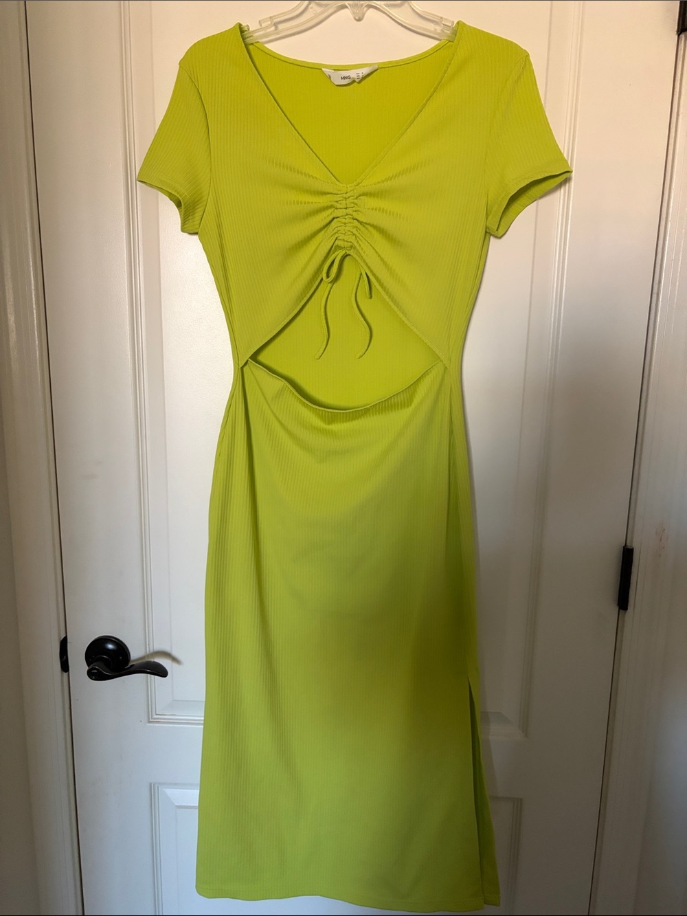 Mango, Ruched Cutout Midi Dress in Lime Green. (46in. Length)
